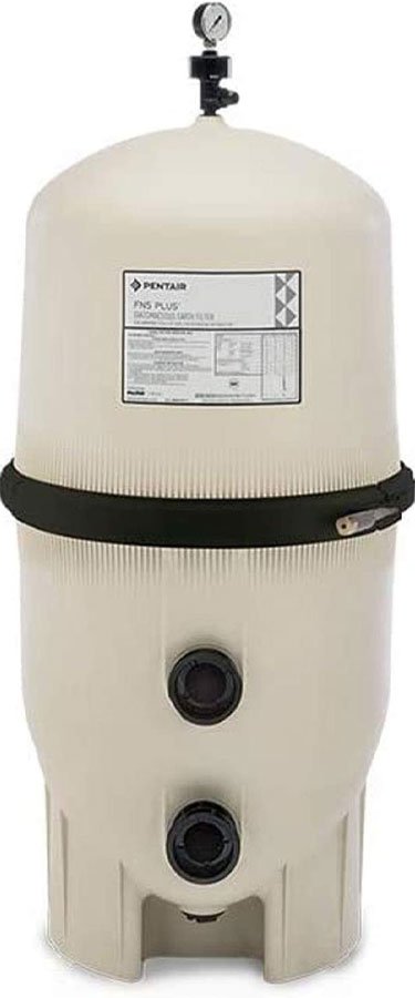 Pentair FNS Plus DE filter showcasing a cylindrical design, essential for pool filtration, emphasizing efficient water clarity and circulation.