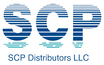 SCP Distributors LLC logo, featuring stylized letters "SCP" in blue and green, representing pool service equipment and supplies for Luna Pool Service.