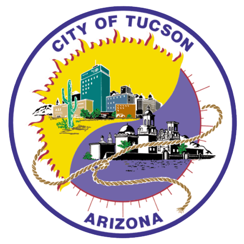City of Tucson seal featuring iconic cityscape elements, including cacti, buildings, and historical landmarks, representing Tucson, Arizona.