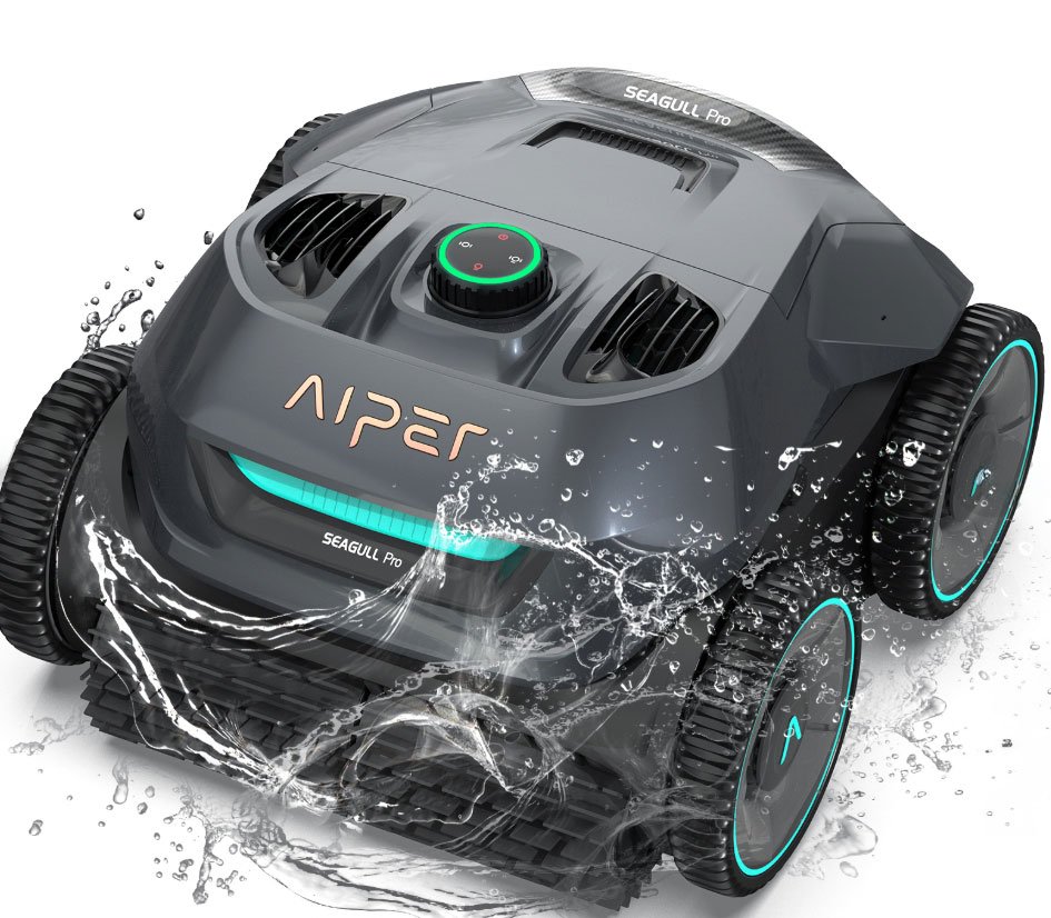 Aiper Seagull Pro robotic pool cleaner with water splashes, showcasing advanced cleaning technology for pool maintenance.