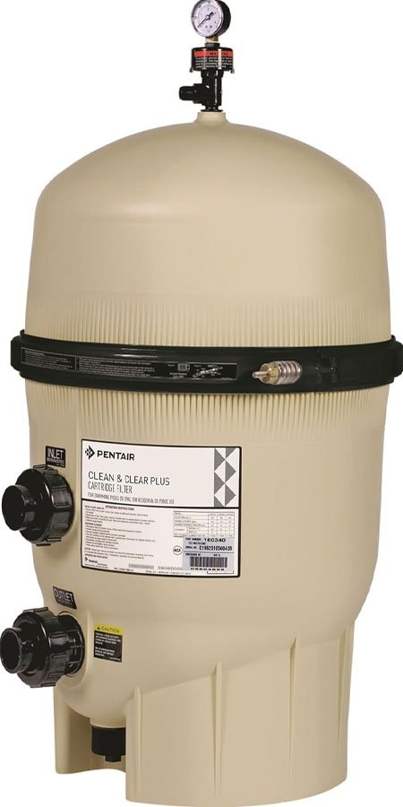 Pentair Clean & Clear Plus cartridge filter with pressure gauge, showcasing key components for pool filtration and maintenance in Tucson.