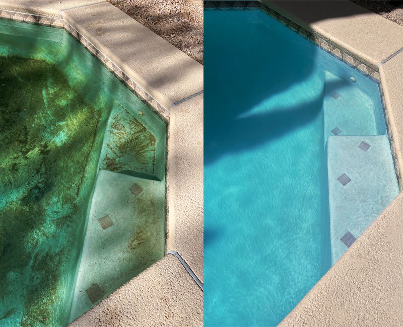 Before and after images of a pool cleanup, showcasing a green, algae-covered pool transformed into a clean, clear swimming pool, highlighting the effectiveness of Luna Pool Service's green pool cleanup process.