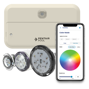 Pentair pool lighting system components including LED lights and smartphone app interface for color and brightness control, emphasizing pool lighting solutions and automation for maintenance and aesthetic enhancement.