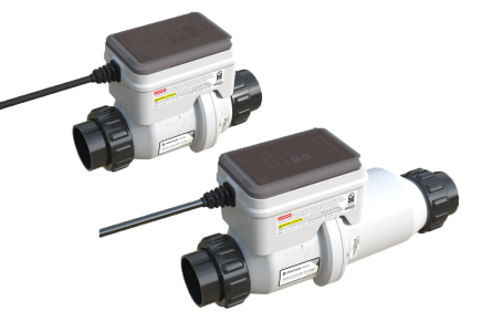 Salt cell system components for pool maintenance, featuring dual units designed for efficient chlorine generation and saltwater management.