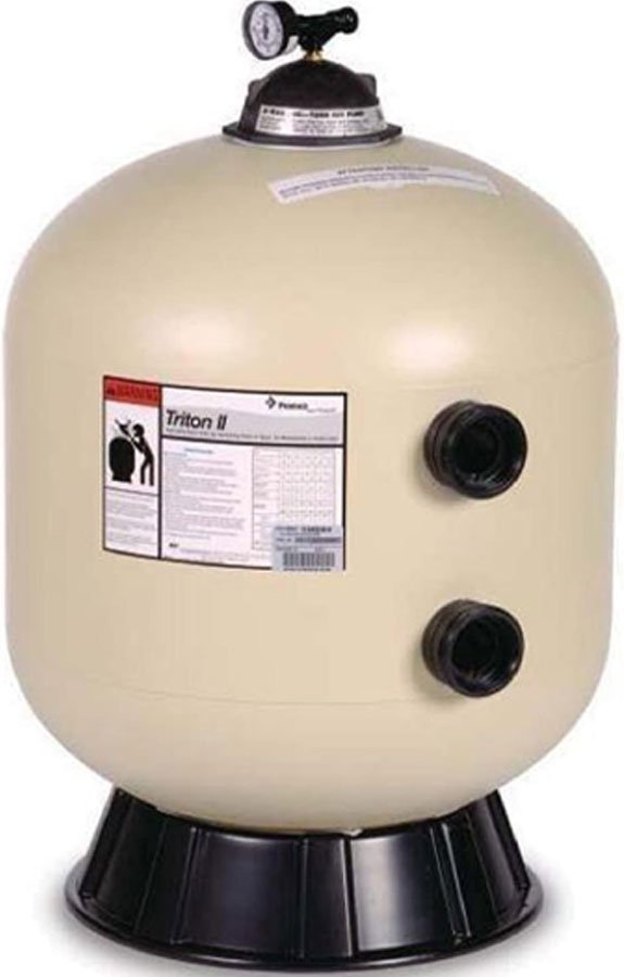 Triton II sand filter with pressure gauge, designed for efficient pool filtration and maintenance, essential for optimal water circulation and algae prevention.